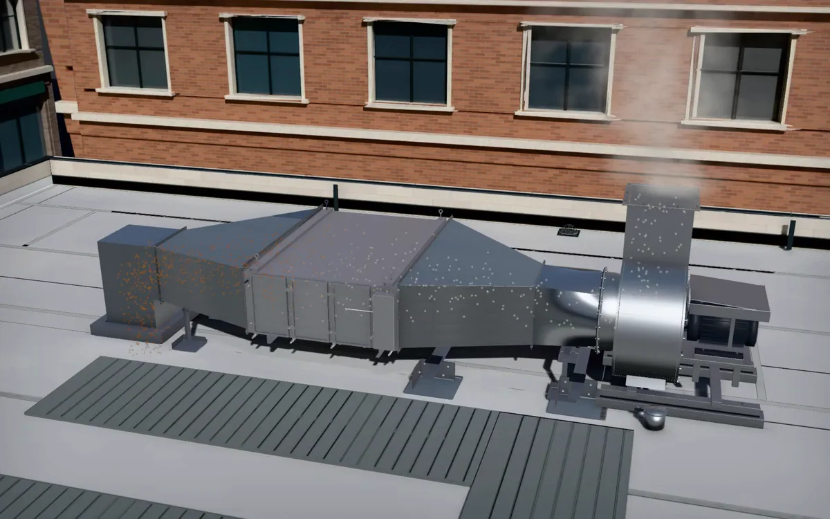 3D illustration of an EPFA in a rooftop exhaust run, the air shown moving from the riser through the EPFA to the exhaust fan.
