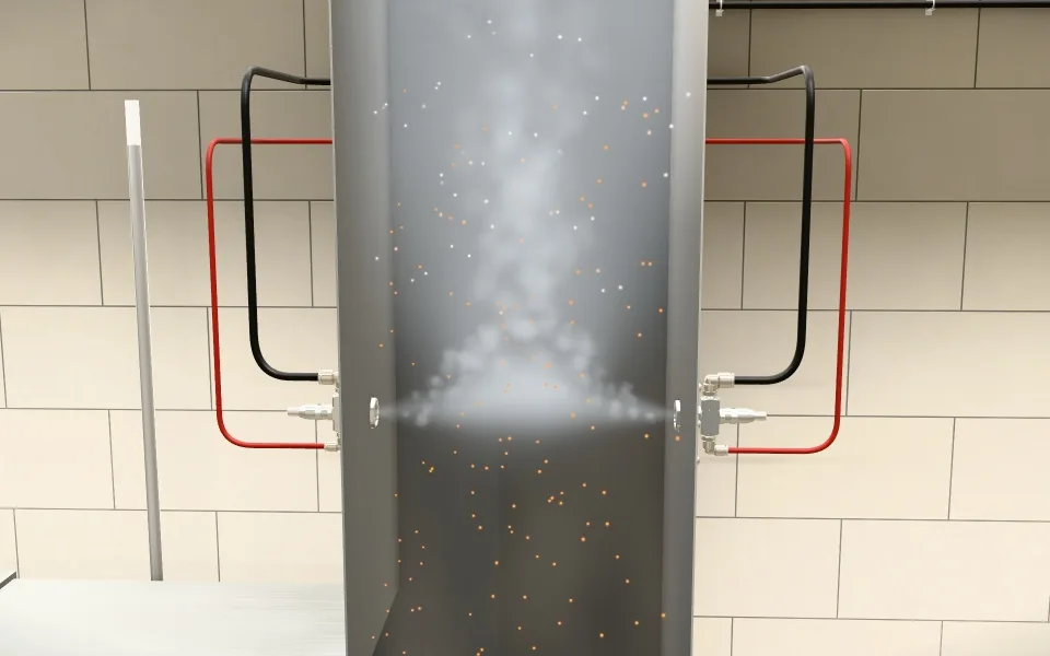 3D cutaway of a kitchen exhaust duct between two nozzles, misting into the exhaust as cooking odor, shown as particles, rises through it.