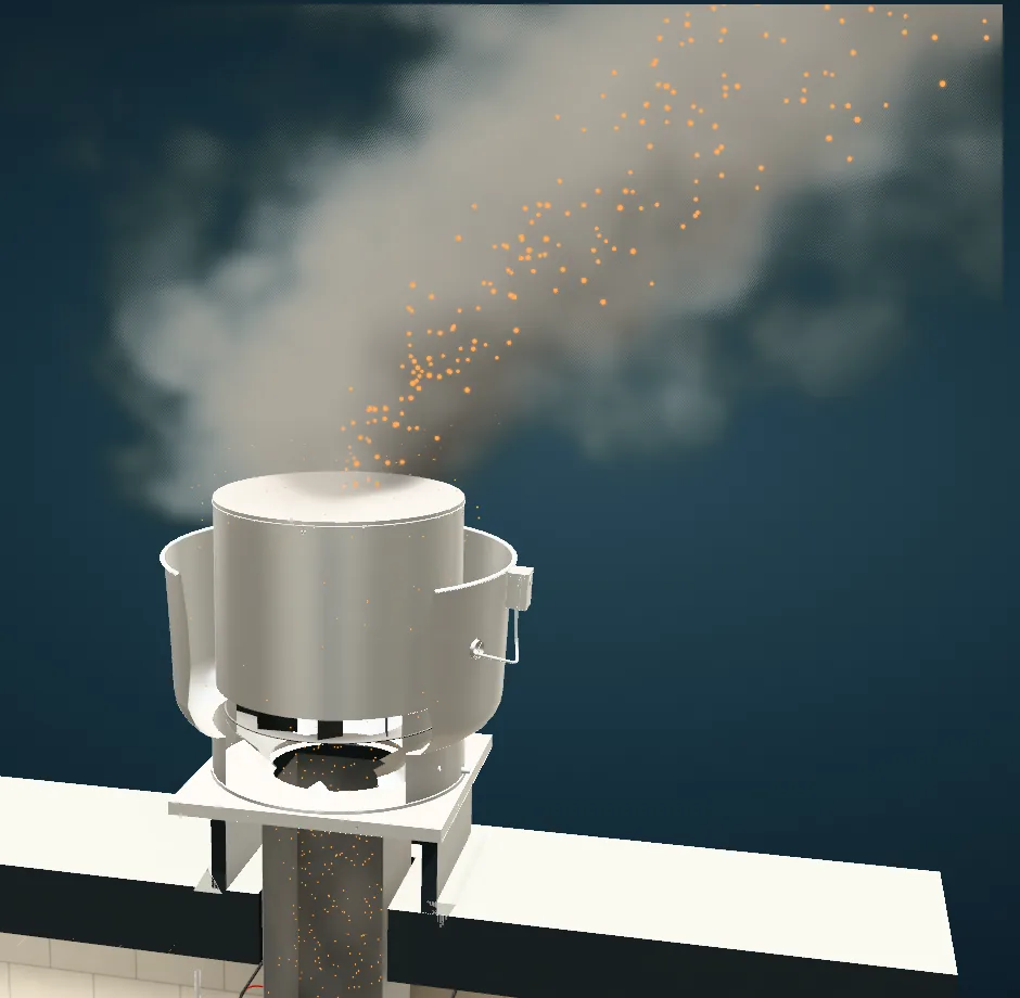 3D illustration of untreated kitchen exhaust leaving a rooftop fan as a plume, with odor shown as orange particles.