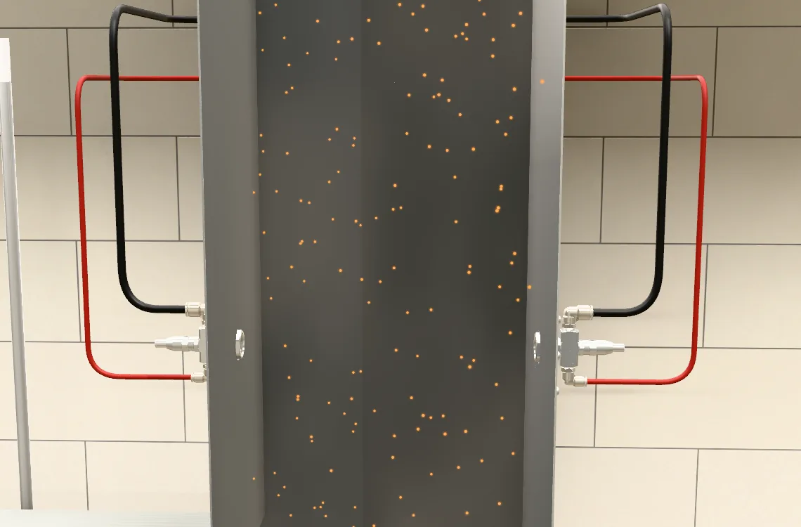3D cutaway of a kitchen exhaust duct between two nozzles, with cooking odor shown as particles in the exhaust stream.