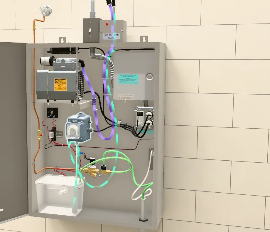 3D illustration of the open MOAS cabinet, with the solution's path through the pump and tubing highlighted.