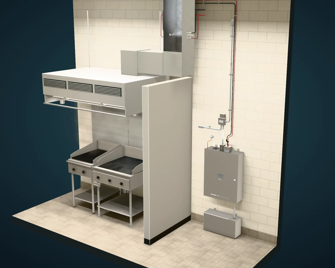 3D illustration of a commercial kitchen: the hood and cooking line, the exhaust duct rising through the ceiling, and the MOAS cabinet and solution container on the wall.