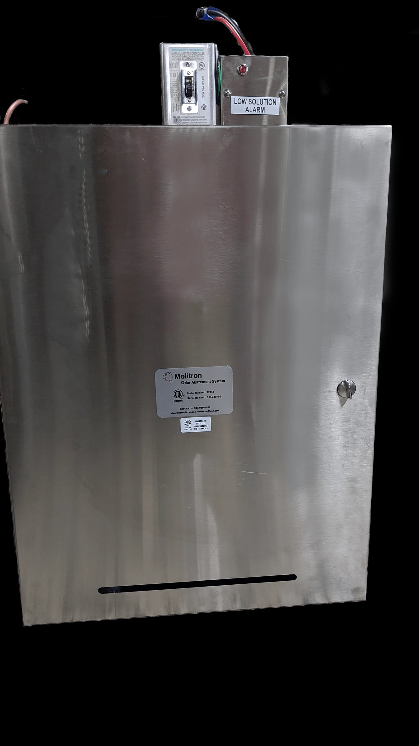 Closed stainless-steel MOAS odor abatement cabinet.
